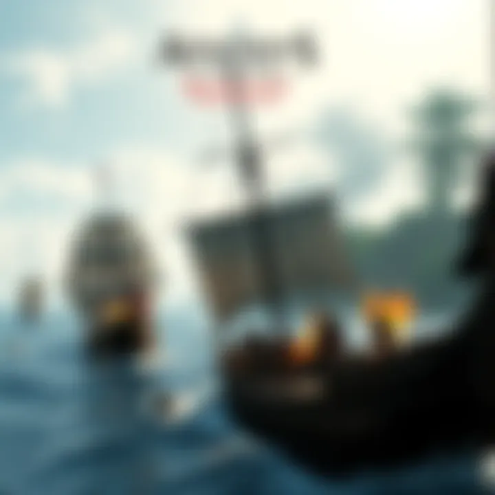 Naval battle in Assassin's Creed Black Flag Resynced An action-packed scene showcasing a naval battle in Assassin's Creed Black Flag Resynced with ships engaged in combat against a backdrop of tropical scenery.