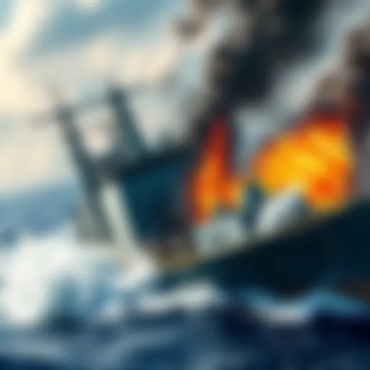 Naval Ship Collision A naval ship colliding with another in a battle scene, showcasing intense naval combat with splashes of water and smoke