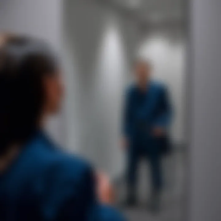 A person wearing a stylish navy blue outfit, considering their personal style and color choices in front of a mirror.
