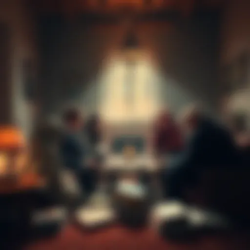 A group of people discussing the idea of supporting the Nazmani Priest in a cozy setting, with books and notes scattered around.