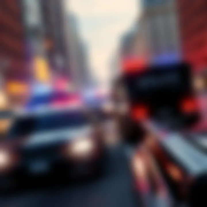 NCPD Chase Scene Aggressive NCPD vehicles pursuing a player in a city setting, showcasing intense car chases and chaotic gameplay.