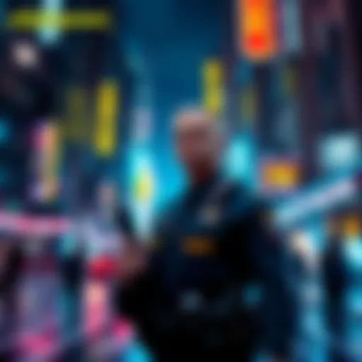NCPD Officer in Night City A Cyberpunk 2077 NCPD officer stands ready in a neon-lit street, promoting the need for more missions and challenges in Night City.