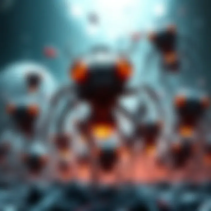 Concept art of the NE-Alpha parasite creating a chaotic minion horde, showcasing various minions with mismatched designs and features.