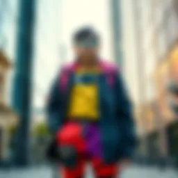 A person named Nea showcases a stylish and unique outfit, featuring vibrant colors and a trendy design, standing confidently in an urban setting.