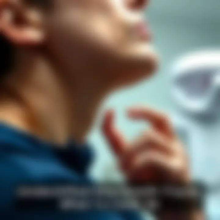 Person Examining Neck Growth A close-up of a person touching a small growth on their neck, looking concerned, with a doctor's office in the background