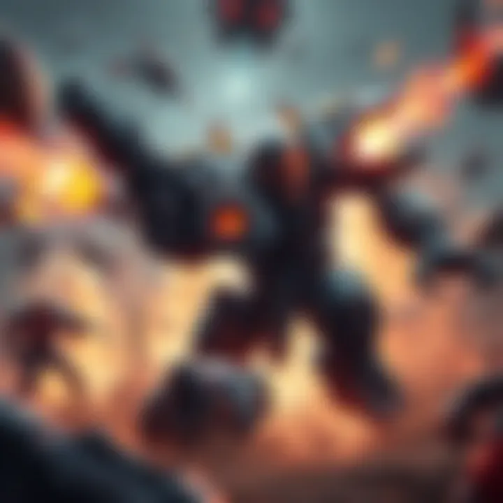 A necramech piloted by a character in a battle scene, showcasing its combat capabilities