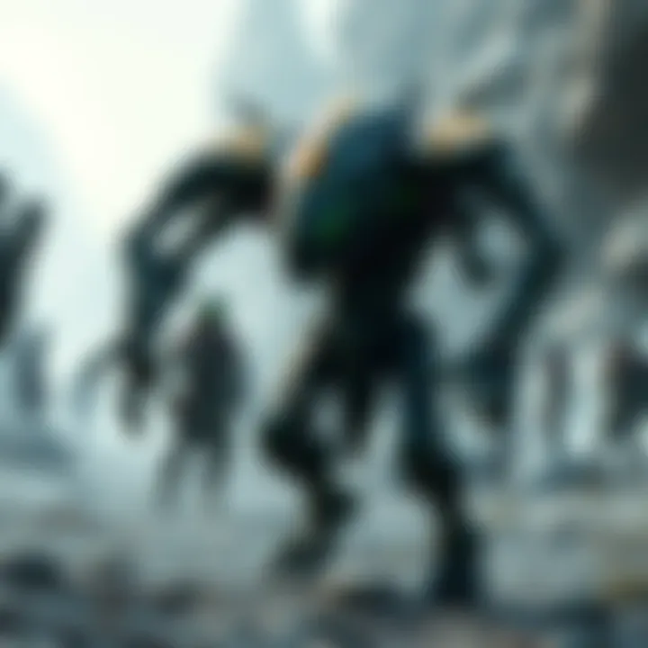 A necramech standing in a game world, with players nearby discussing farming methods
