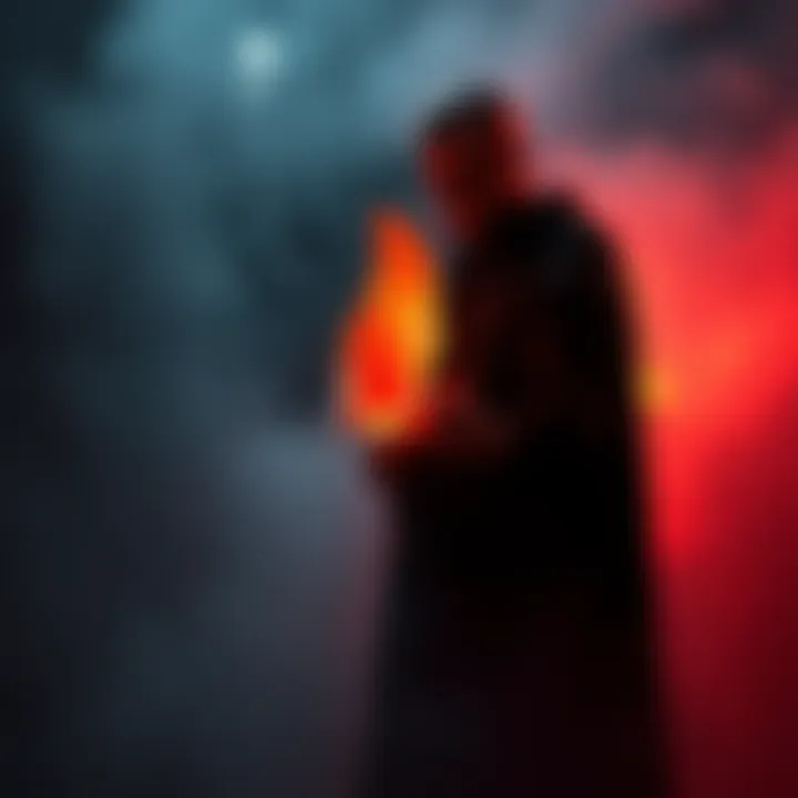 A necromancer holding glowing phoenix feathers, surrounded by dark mist and an eerie atmosphere