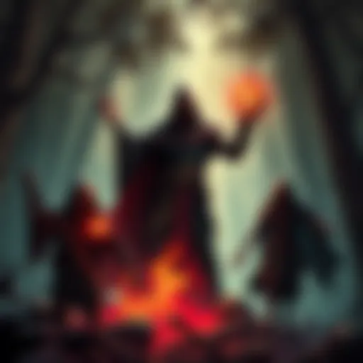 A dark-cloaked necromancer raises undead minions in a mystical forest