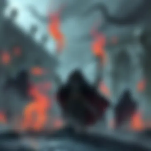 A necromancer stands in the City of the Dead, raising the spirits of fallen characters while shadows loom around him.