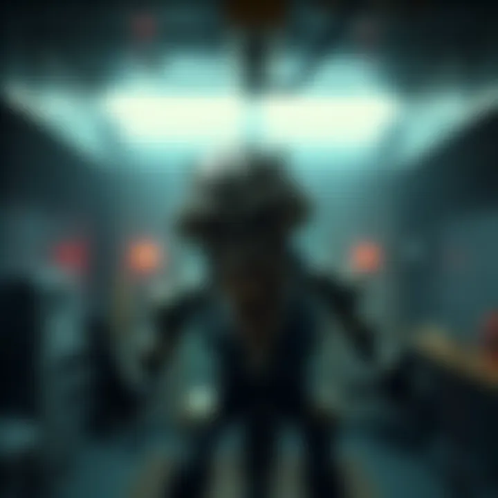 A necromorph creature in a dimly lit quarantine zone, showing its grotesque features under emergency lighting, raising concerns about disease transmission.