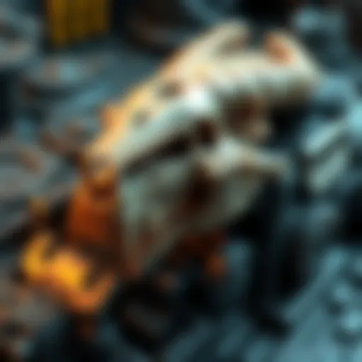 A Necron skull placed on a Chaos Rhino vehicle sprue, showing intricate details of the skull and surrounding parts of the vehicle.