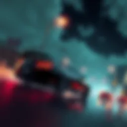 Cover illustration showing a sports car from Need For Speed Heat drifting on a city street, surrounded by neon lights and a cloudy night sky.