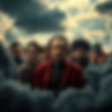 A group of unhappy individuals surrounded by dark clouds representing negativity, affecting the atmosphere around them