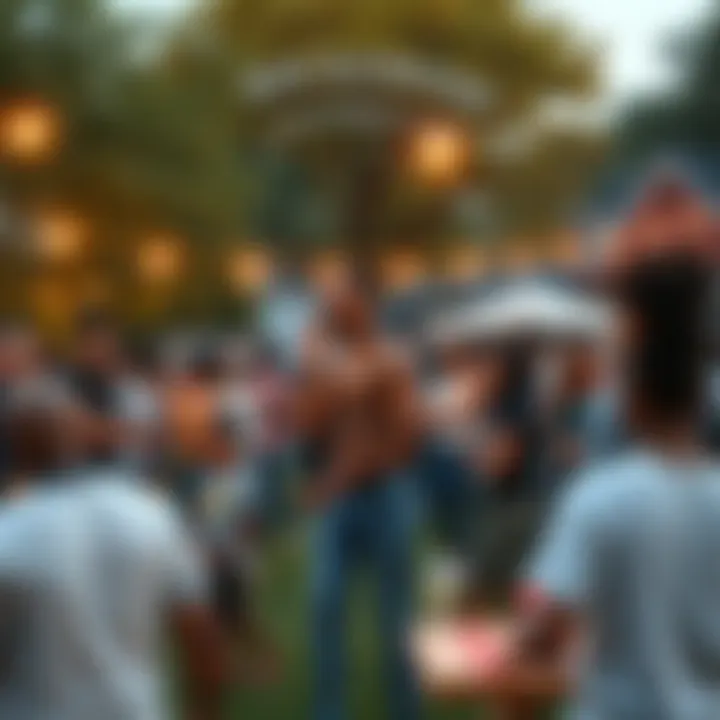 A vibrant community gathering in a park with people enjoying food, music, and games.