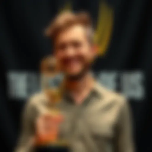 Neil Druckmann smiles and holds an Emmy statue while standing in front of a backdrop featuring The Last Of Us logo