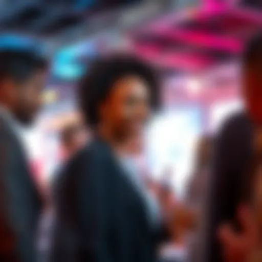 Nell engaging with a diverse group of people at a social event, highlighting community interactions in a modern setting.