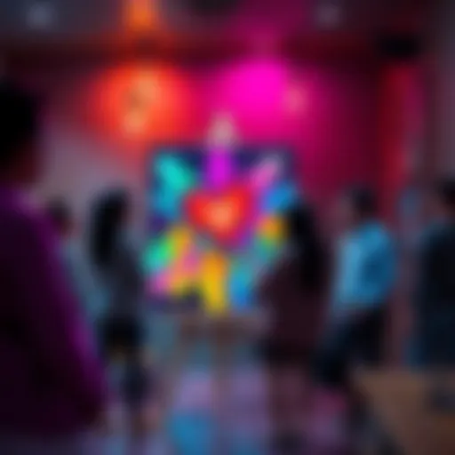 Nell shows her love through a colorful painting emote in the lounge, surrounded by visitors admiring it.