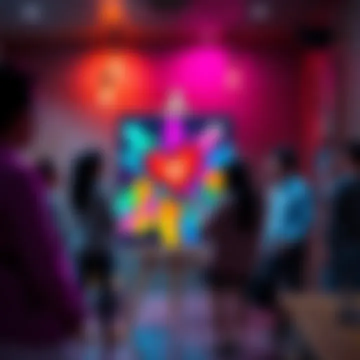 Nell shows her love through a colorful painting emote in the lounge, surrounded by visitors admiring it.