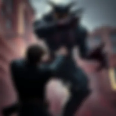 Nemesis towers over Brad in a tense moment from Resident Evil 3, showcasing the brutal encounter between the two characters.