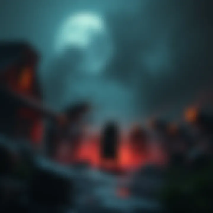 Nemesis confronting Las Plagas Nemesis in a dark, ruined village facing off against monstrous creatures from the Las Plagas outbreak