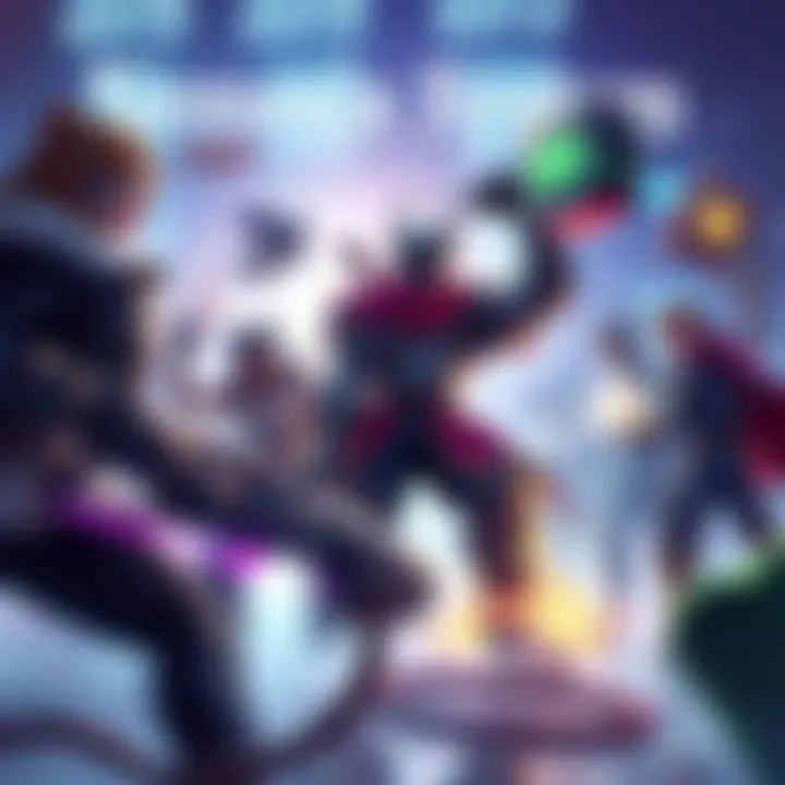 A vibrant illustration showing various game characters interacting with a nemesis system, highlighting rivalries and challenges, set in an action-packed game environment.