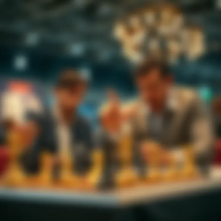Grandmaster Nemo stands at a chess table, visibly surprised, while an angry man gestures angrily after losing a game during a convention.