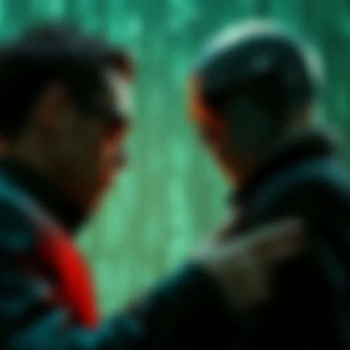 Scene featuring Neo facing Agent Smith, with a tense moment highlighting the quote 'Mr. Anderson, is that you?'