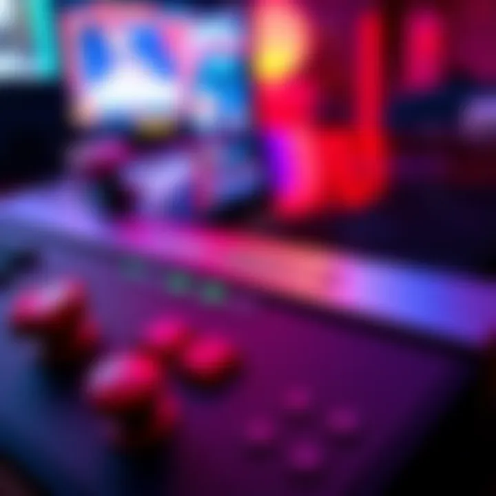 Close-up view of the Neo Geo+ AES console, showing its classic design and joystick controller, perfect for retro gaming.