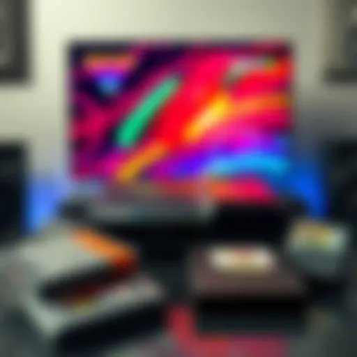 A modern Neo Geo gaming console with classic cartridges beside it on a table, displayed on a vibrant TV screen.