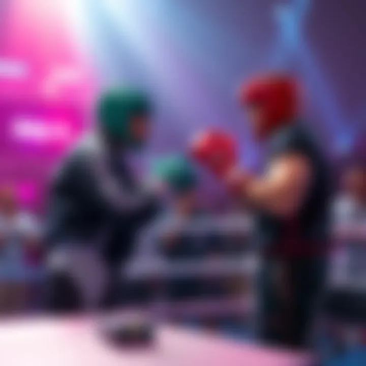 Neon confronts Ray at MrBeast's event, proposing a boxing match as attendees watch with excitement.