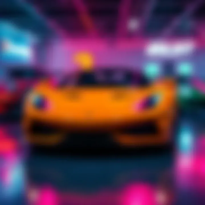 A vibrant neon diestro car showcased in a gaming environment with other rare vehicles