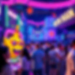 A lively gathering of people enjoying activities and games in a colorful Neon Main setting.