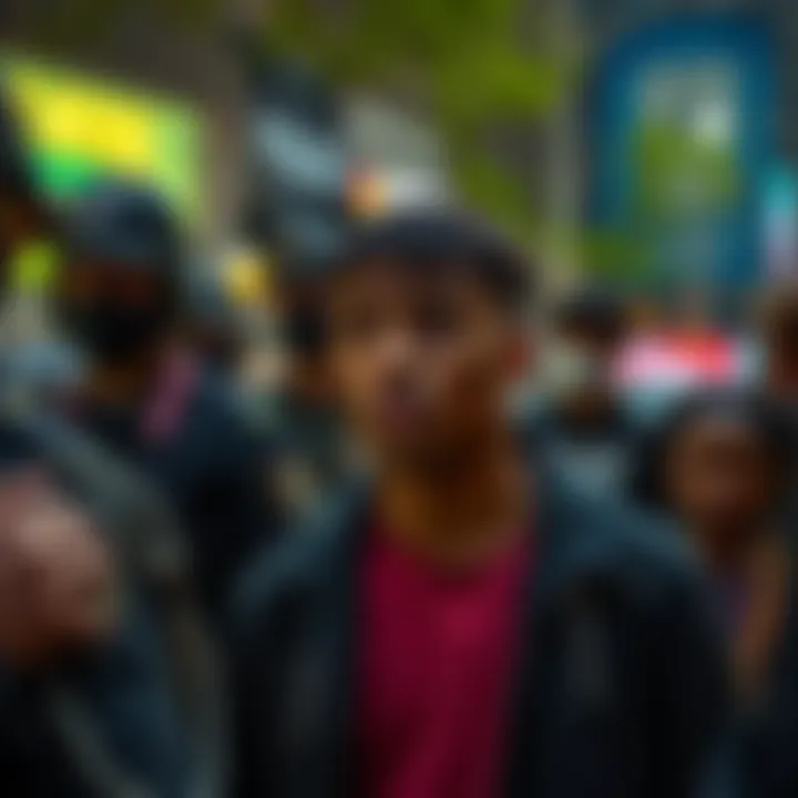 Neon at O'Block Neon standing with community members in O'Block, looking concerned as police take him into custody, showing a mix of support and uncertainty among people around him.