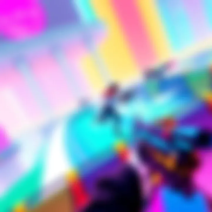A character racing through a colorful platform with unique guns in bright environments, showcasing fast-paced action and jumping mechanics.