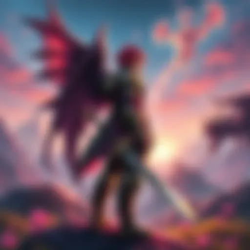 A character resembling Nepheli Loux stands in a magical landscape, wearing armor and holding a sword, with mythical creatures in the background.