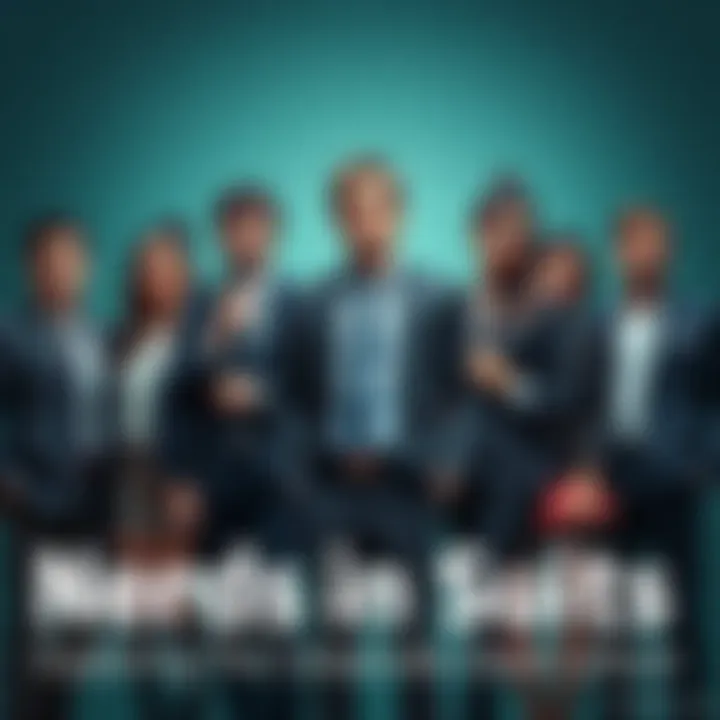 A group of professionals in suits with geeky accessories like glasses and tech gadgets, representing corporate nerd culture