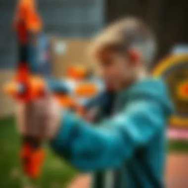 NERF Archer Toy in Action A child aiming with a NERF Archer foam blaster, ready to shoot foam projectiles at a target.
