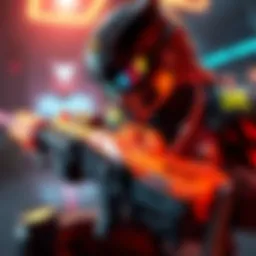 A powerful game character dominating a competitive gaming scene, showcasing intense gameplay with shadows and vibrant colors.