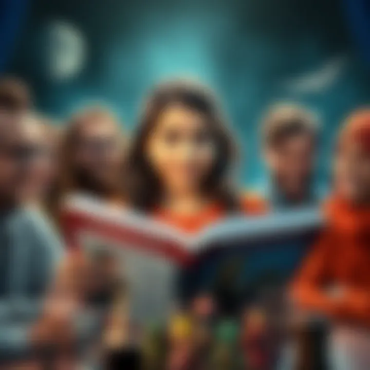 Nervous Dungeon Master Preparing for Game Amanda with a nervous smile holding DnD rulebooks, surrounded by her friends who are excitedly discussing game plans.