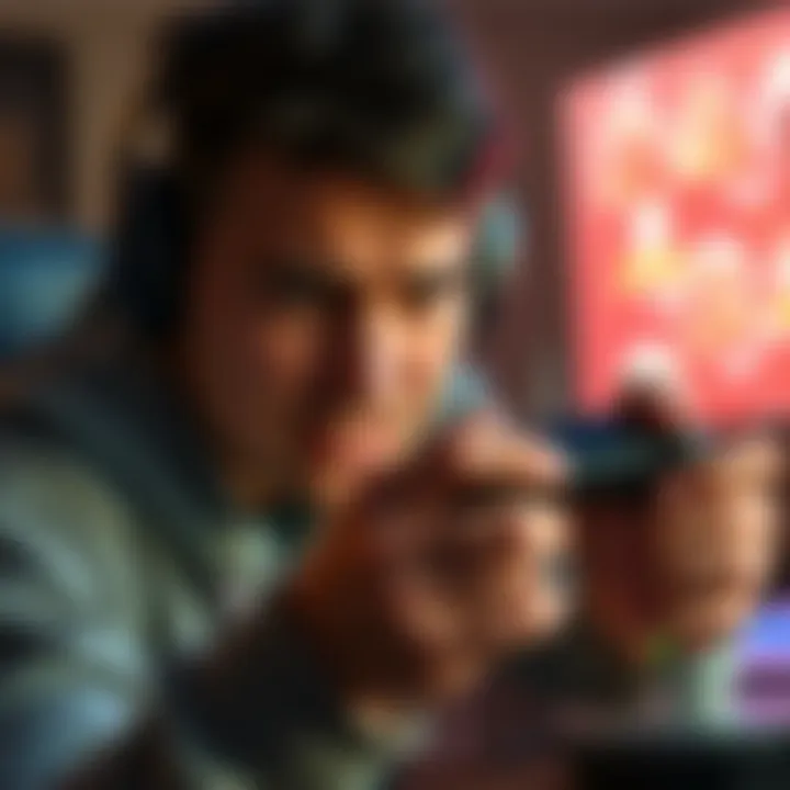 A gamer looking anxious while gripping a game controller tightly, with a tense expression on their face during a final gaming match.