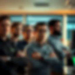 Group of anxious Xbox employees waiting for layoff news at their workplace