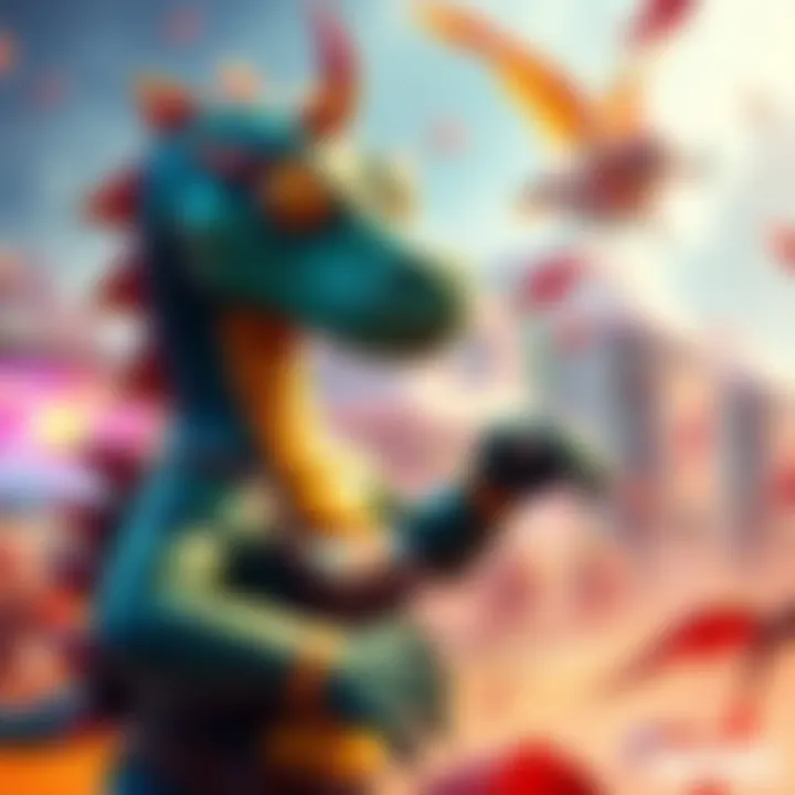 A colorful depiction of a Nessie character wearing the Nessie skin in a game setting, surrounded by vibrant game elements.