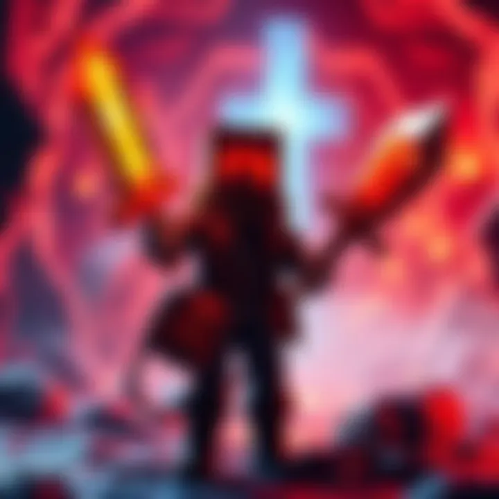 A player character in the Nether holding shiny weapons while surrounded by Nether terrain and mobs.