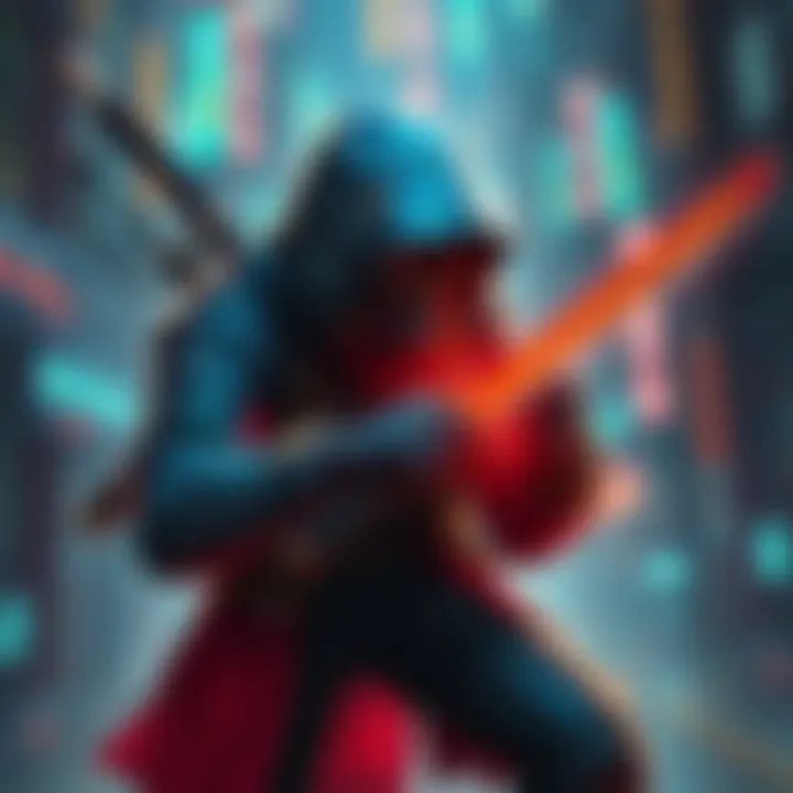 A skilled Netrunner using hacking tools and holding a Katana, ready for action in a digital environment.