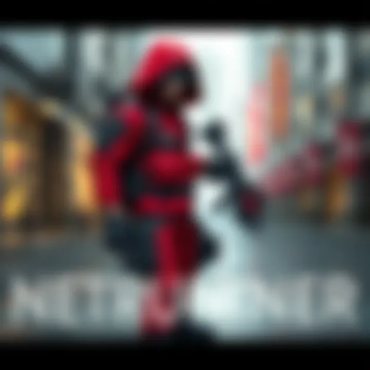 A character dressed in red and black gear, equipped with stealth gadgets and tech weapons, standing confidently in a futuristic urban setting.