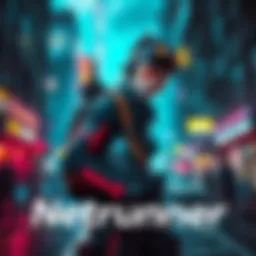 A street kid netrunner character in a futuristic city environment, showcasing high-tech gear and a vibrant nightlife.