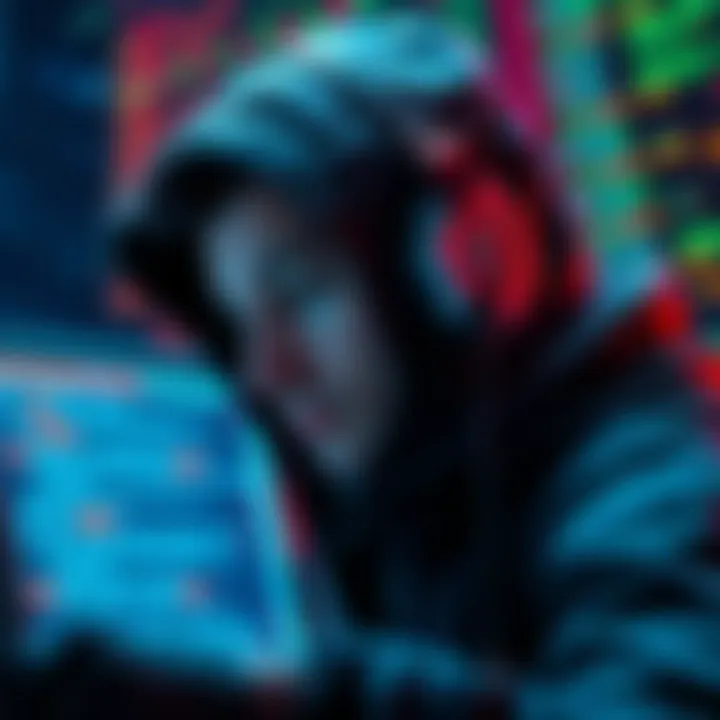 A Netrunner focused on a screen displaying complex encryption code, showcasing a moment of engagement in cybersecurity.