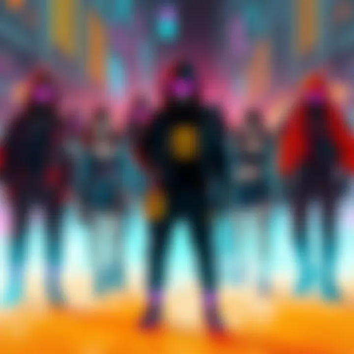 A group of Netrunners showcasing their new John Cyberpunk-inspired outfits in a digital landscape, highlighting the shift from traditional Cyberninja styles.