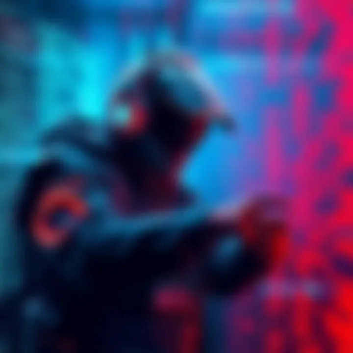 A character with futuristic gear interfaces with a digital world, displaying coding streams and a chaotic cyber environment.